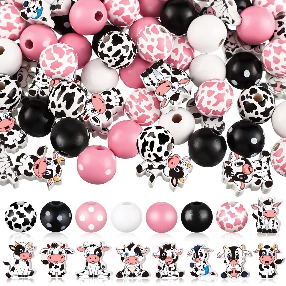 2458 200 Pcs Cow Print Wood Beads 16 mm Wood Round and 20 mm Flat Wooden